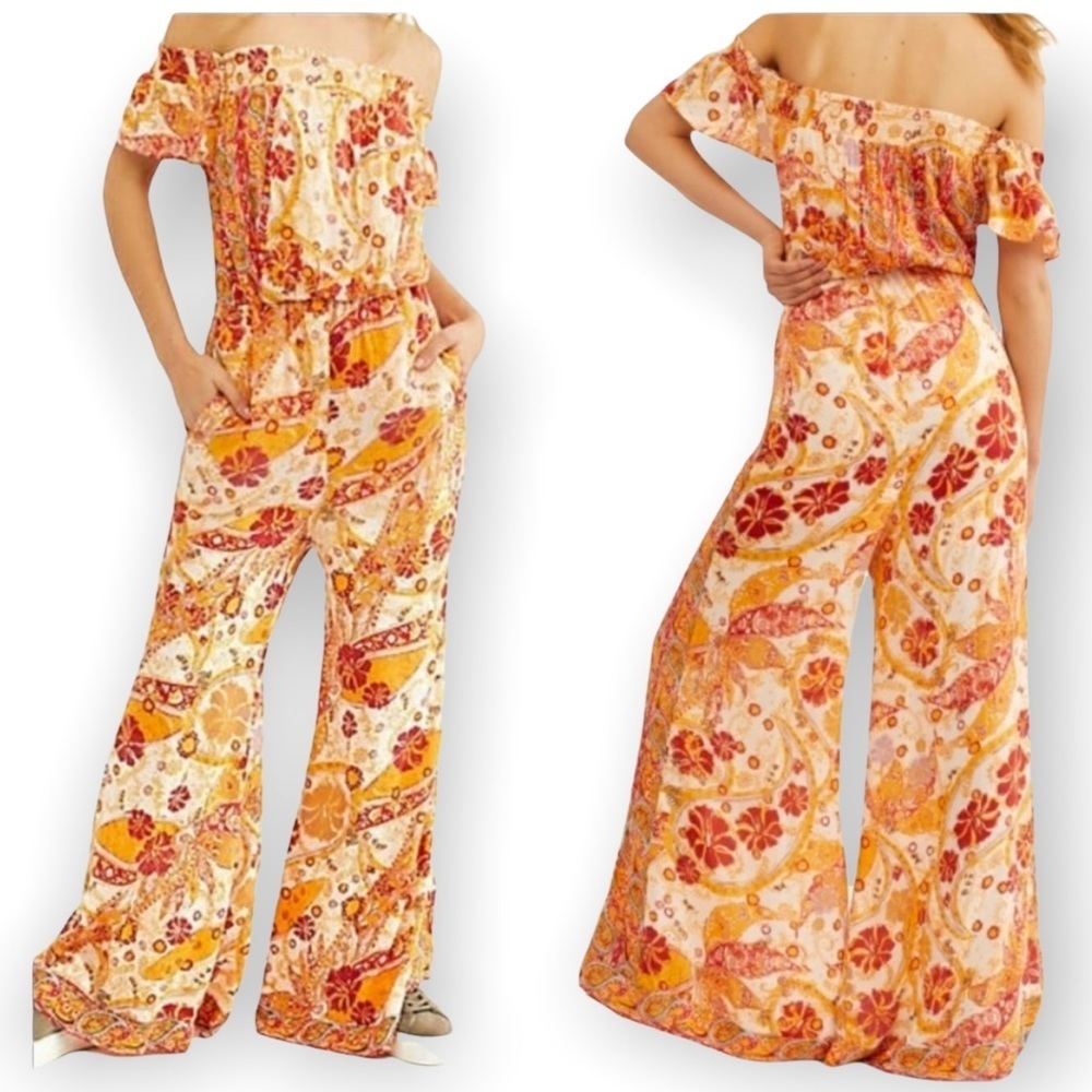 Free People NWT Carmen women’s hippie paisley wide leg orange size XS boho disco